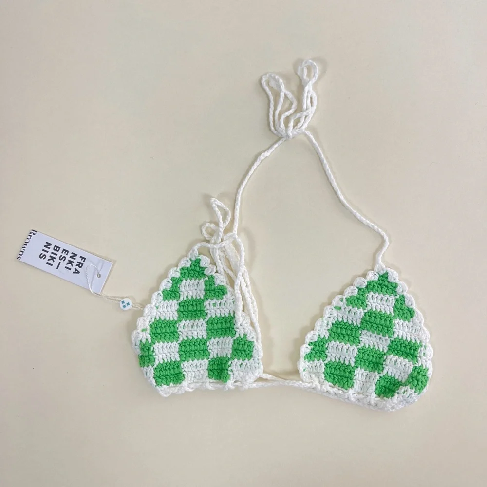 NWT Frankie’s Bikinis Tia Crochet Triangle Bikini Top in Jade Checker